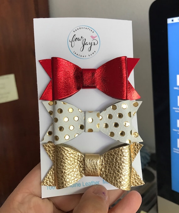 Christmas Leather hair bows in metallic red, gold polka dots and gold.