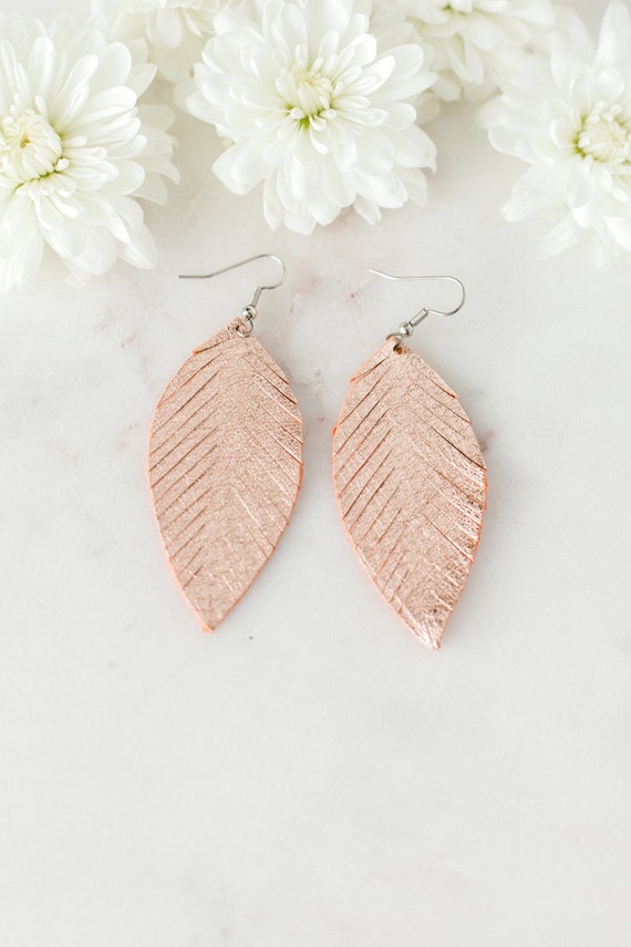 Rose Gold Feather Leather Earrings, large feather earrings, feather jewelry, rose gold earrings, handmade, fourjaysbows, womens jewelry