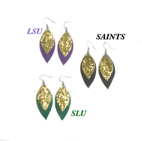 Football leather earrings for LSU, New Orleans Saints and SLU, Louisiana Teams