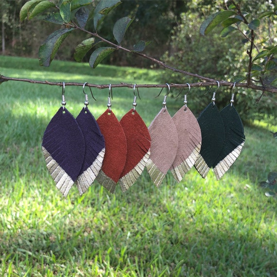 Women's Feather Earrings, Leather earrings teardrop, Suede leather, Large leather earrings, jewelry leather, purple amber sand forest green