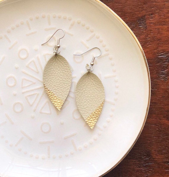Ivory Leather Earrings with painted gold edge