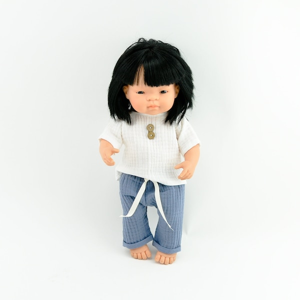 Ropa de muñeca Miniland, ropa de muñeca miniland boy, pantalones de muñeca de 38 cm, camiseta de muñeca de 38 cm, pantalones de muñeca azul, camiseta blanca