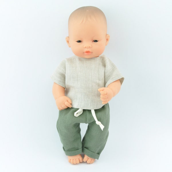 Miniland 32 cm muñeca ropa, muñeca ropa, Miniland ropa niño, Miniland 12 pulgadas muñeca ropa, niño muñeca atuendo, pantalones verdes, camisa natural