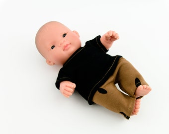 Miniland-babypop, poppenkleding 21 cm, jongenspoppenkleding voor pop van 21 cm, babypoppenkleding, zwart T-shirt voor pop, poppenbroek