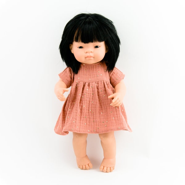 Ropa para muñecas Miniland, vestido para muñecas Miniland, vestido para muñecas de 38 cm, vestido para muñecas de muselina, vestido para muñecas de 15 años, lunares dorados Marsala, regalo de Navidad