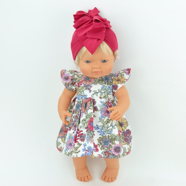 Miniland doll dress, doll floral dress, doll turban, 38 cm doll dress   15 inch doll dress, 15 inch doll clothing