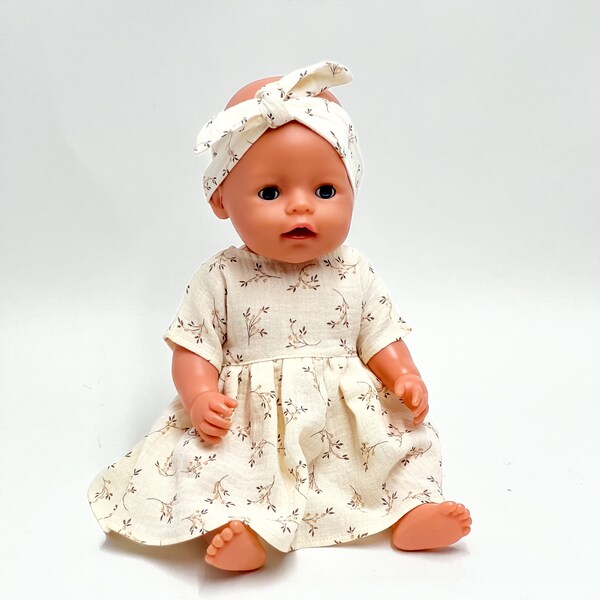 Baby Born doll dress, 42-43 cm doll dress, 17 inch doll dress, American Gril doll clothes, Our Generation, twigs on ecru dress or headband,