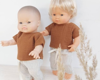 Minikane doll clothes, minikane shirt and pants, miniland doll 38 cm clothes, muslin caramel  shirt, linen stripe pants