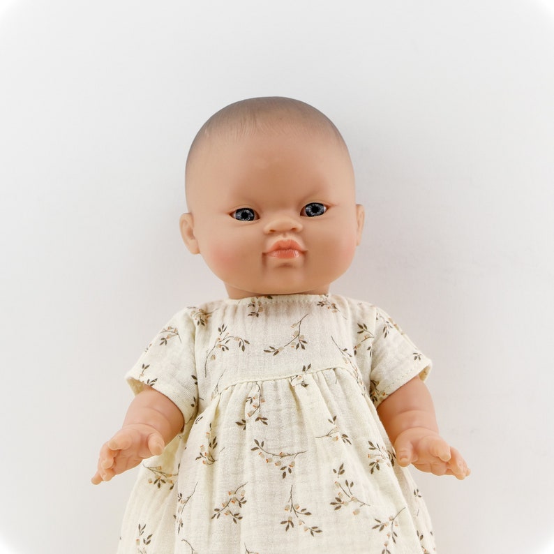 Paola Reina doll dress, Minikane doll dress, 34 cm doll dress, muslin dress for 13 inch doll, branches on vanilla muslin image 8