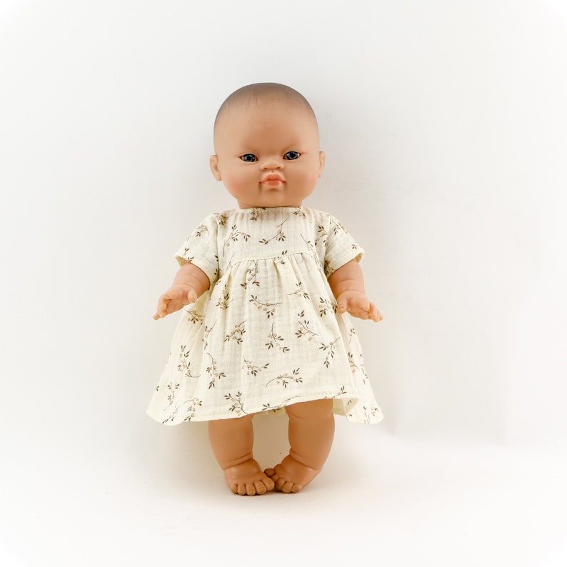 Paola Reina doll dress, Minikane doll dress, 34 cm doll dress, muslin dress for 13 inch doll, branches on vanilla muslin dress