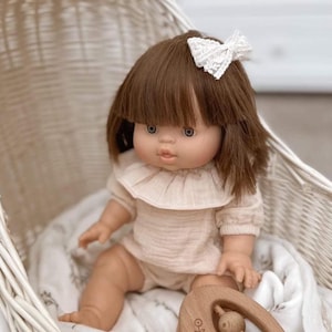 Minikane doll romper, Minikane doll clothes, Miniland 38 doll romper, romper with a frill, cream muslin, 34 cm doll romper, 13 inch clothes