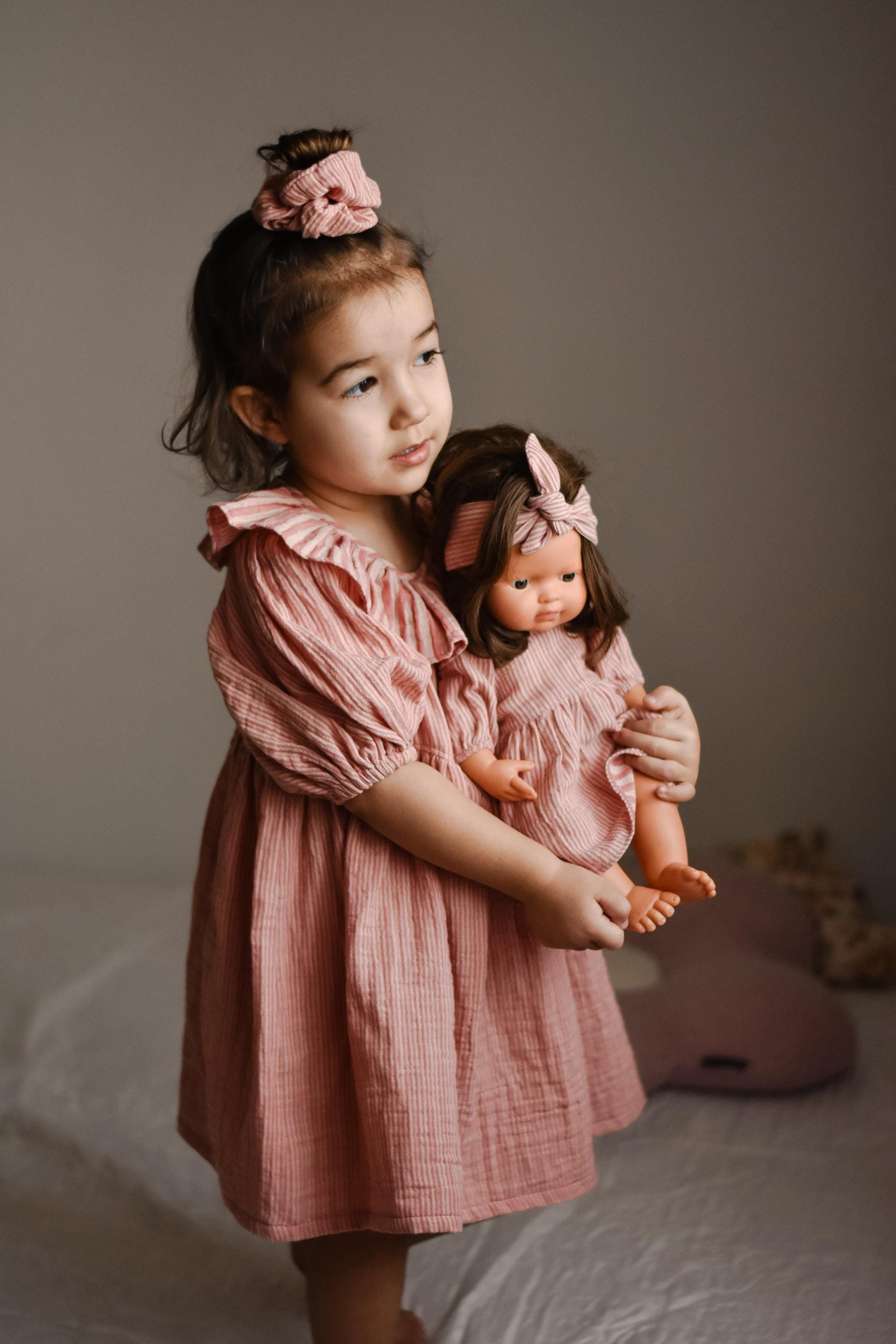 Girl and doll matching dresses, Summer matching striped muslin dress, dolly and me outfit Minikane matching