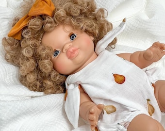 Minikane Musselin Strampler Puppe, Miniland 38 cm, Strampler Puppe, Stirnband für Puppe, Puppenoutfit Paola Reina 34 cm