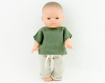 Paola Reina boy doll clothes, Minikane boy doll clothes, unisex doll clothes, linen doll pants, green khaki t-shirt, clothes for dolls,