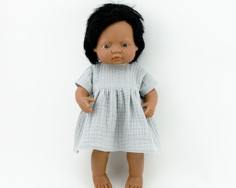 Miniland doll dress, 38 cm doll dress, gray muslin doll dress, 15 inch doll dress, clothes for Miniland dolls