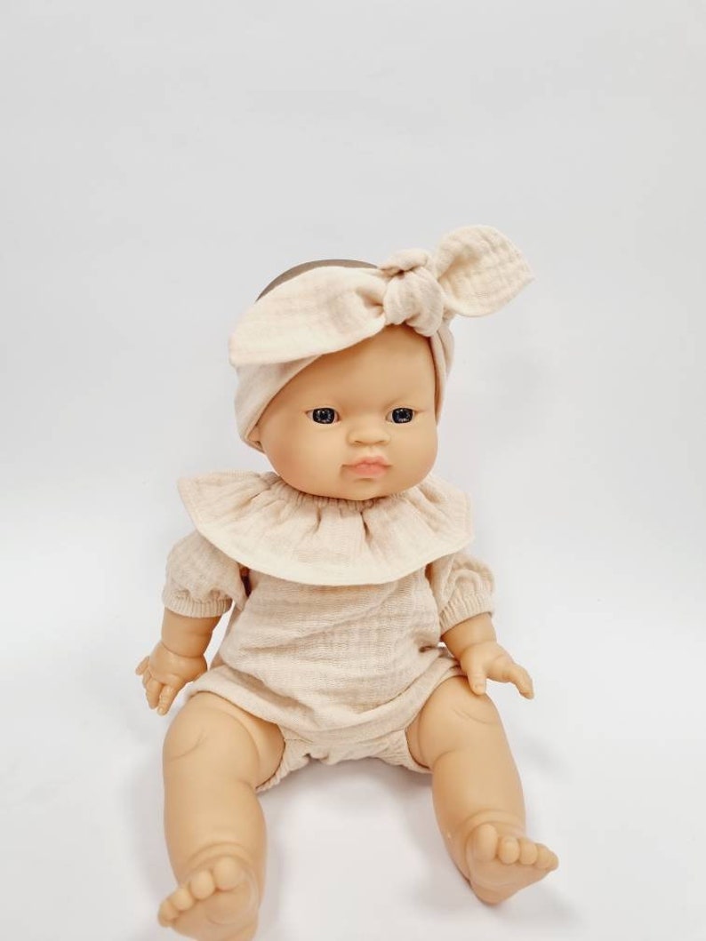 Pelele de muñeca minikane, pelele de muñeca Miniland, pelele con volante, pelele minikane de muselina crema, pelele de muñeca de 34 cm imagen 7
