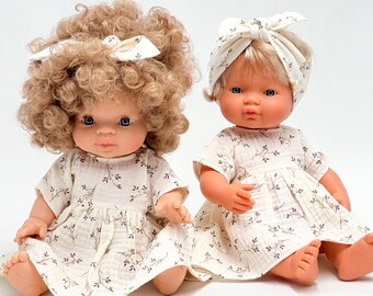 Paola Reina Puppenkleid, Minikane Puppenkleid, 34 cm Puppenkleid, Musselinkleid für 13-Zoll-Puppe, Zweige auf Vanille-Musselin