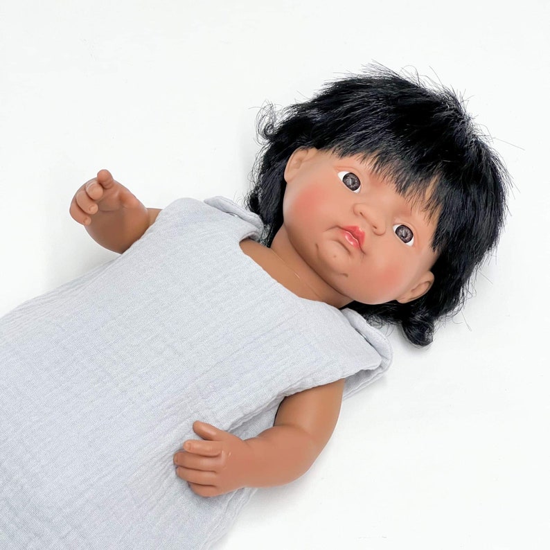 Doll sleeping bag for Minikane 34 cm or Miniland 38 cm dolls, muslin sleeping bag, Paola Reina doll, doll sleeping bag for 15 inches dolls Grey