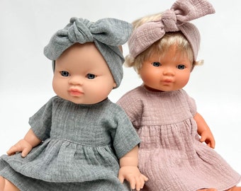 Minikane doll dress, Miniland 38 cm doll dress, doll headbands, Minikane doll clothes, Paola Reina doll dress, muslin doll dress