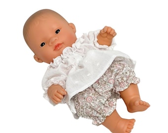 Baby Minialnd-pop, poppenkleertjes 21 cm, poppenkleertjes 9 inch, ecru poppenblouse, pastelkleurige bloemenprint