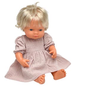 Miniland dress for a 38 cm doll, Minikane dress 34 cm, muslin dress for a 13 inch doll, powder pink plumeti dress for dolls