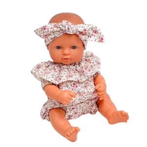 Miniland 32 cm Doll Romper: Pink Floral doll Outfit for Minikane 28cm, Handmade Doll Clothes, Christmas Gift Idea for Kids