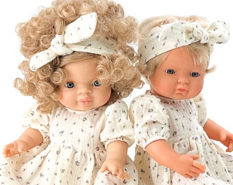 Miniland 38 cm Puppenkleid, Minikane 34 cm Puppenkleid, Musselinkleid für 13 Zoll Puppe, cremefarbenes Kleid mit blauen Blumen, Puppenkleid im Vintage-Stil