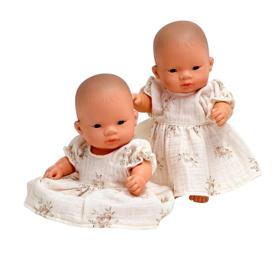 Miniland-babyjurk, poppenjurk 21 cm, mousseline-popjurk, crèmekleurige poppenjurk, jurk voor Miniland-poppen, mousseline-popjurk, bloemenjurk