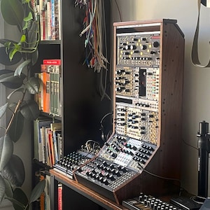 May include: A modular synthesizer setup with various modules and a mixing console. The wooden frame houses multiple electronic components with knobs, buttons, and patch cables. A collection of colorful patch cables hangs nearby. A bookshelf with books is visible.