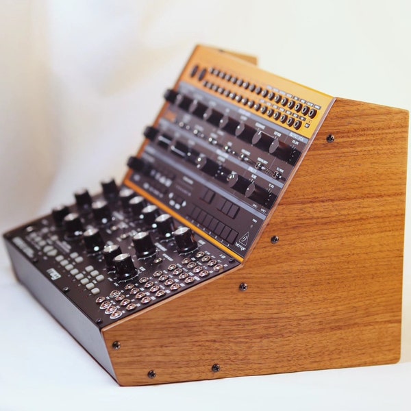 Eurorack Synth Stand - Moog DFAM/Mother-32/Subharmonicon with Behringer Crave/Edge. Crafted in choice of solid hardwood w/ your custom logo