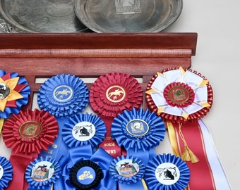 Horse Show Ribbon & Award Plate Wall Display With Shelf (Cherry Stained Wood)