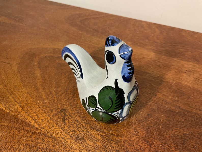 Blue Painted Floral Glazed Tonala Animal Bird Folk Art Pottery Figure Honduras 6 Honduran Handpainted Ceramic Chicken Figurine