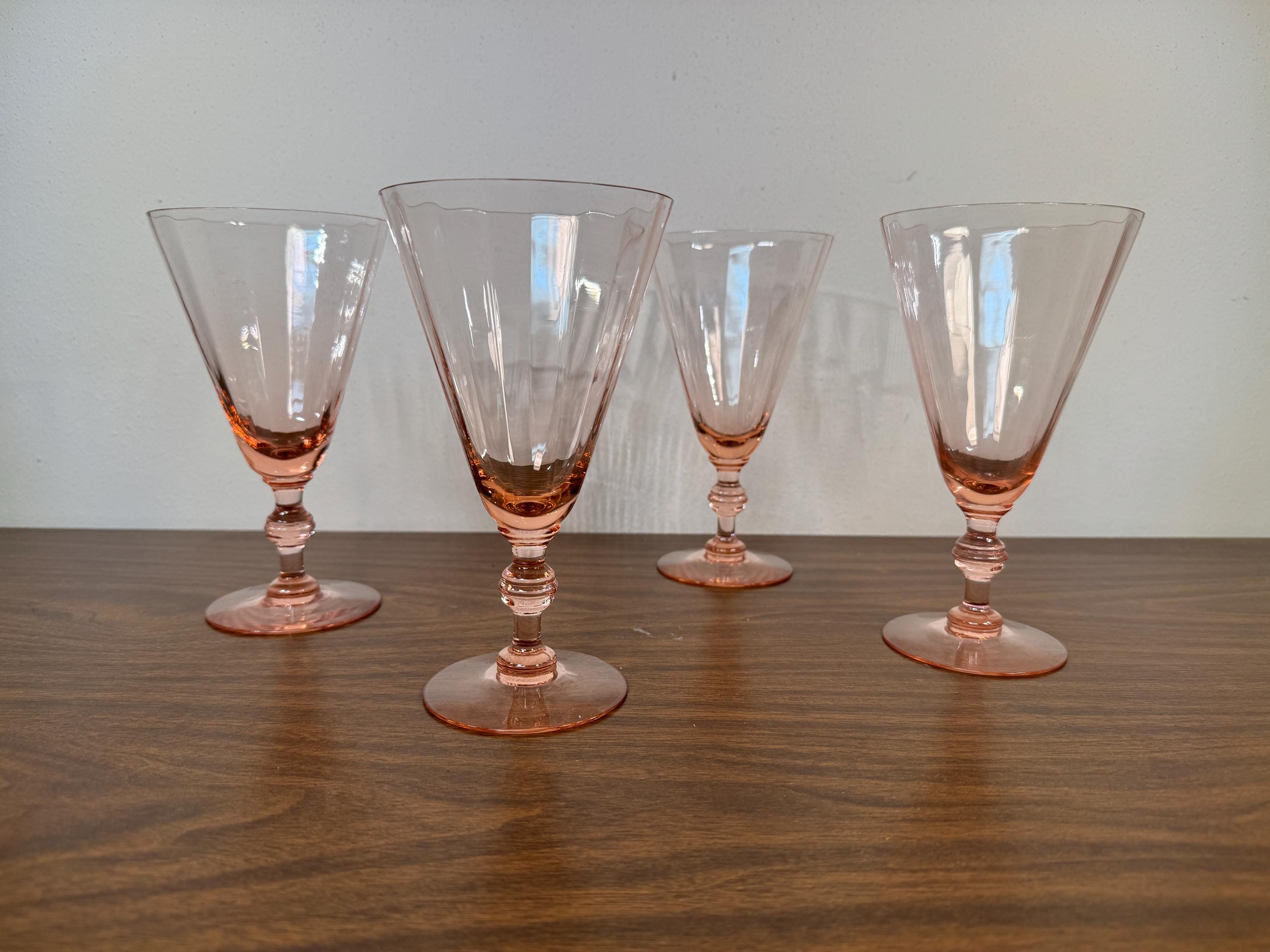 Four H.C. Fry Faceted Optic Pink 8 Oz Goblets - 1930s Depression