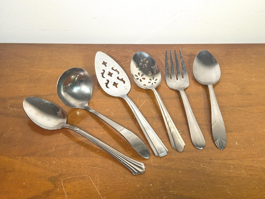 Six Art Deco Mismatched Stainless Steel Serving Utensils - Chevron ...