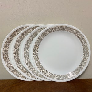 Four Corelle Woodland Brown 8.5&quot; Lunch / Salad Plates - Brown Leaves, Flowers, and Forest Foliage Outlines on White Set of 4