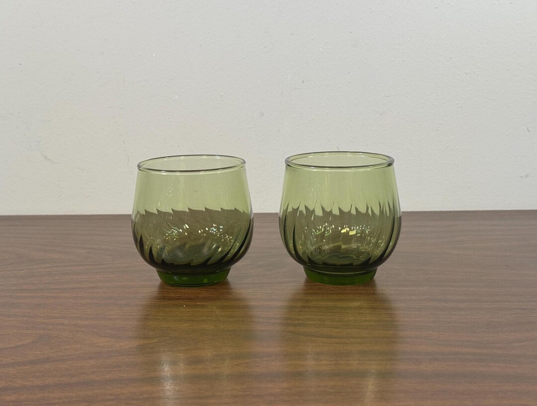 Two Libbey Green Swirl Optic 8 Oz Lowball Glasses - Midcentury MCM ...