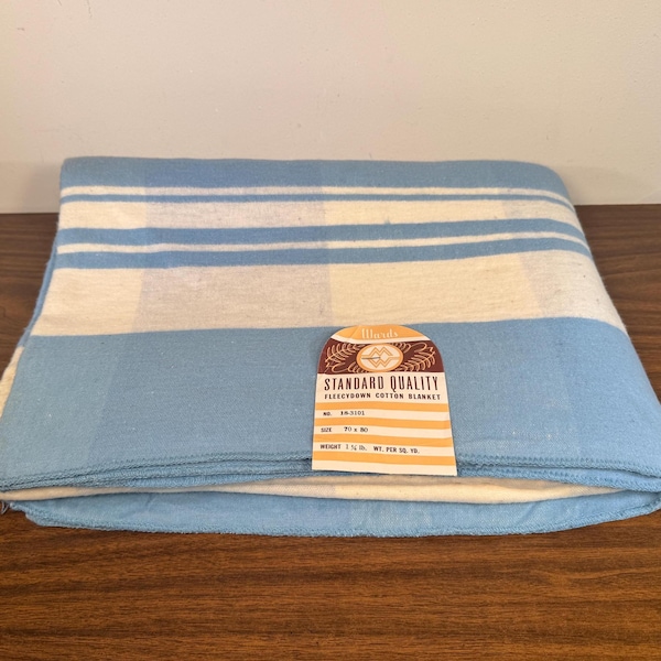 Wards 80" x 70" Blue & White Stripe Twin Size Fleecydown Cotton Blanket - Midcentury Geometric Lightweight Fleece Bedspread New Old Stock