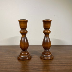 Two 6.75&quot; Turned Wood Candlesticks - Boho Bohemian Country Rustic Farmhouse Shabby Chic Barn Wedding Decor Wooden Brown Round Pair Set 2