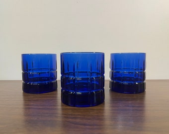 Three Anchor Hocking Tartan Cobalt 10 oz Low Ball Glasses - Deep Blue Geometric Lowball Old Fashioned Rocks Cocktail Glasses Set of 3