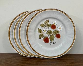 Four Americana Hearthside Berries 'n Cream 10.5" Stoneware Dinner Plates - Speckled Beige White Red Green Strawberry Flower Dishes Set of 4