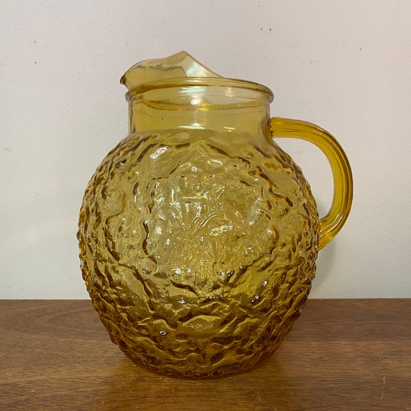 Anchor Hocking Milano Honey Gold 3 qt Ball Pitcher - Amber Yellow Textured Pressed Glass Lido Bumpy Crinkle Large Round Spherical Carafe