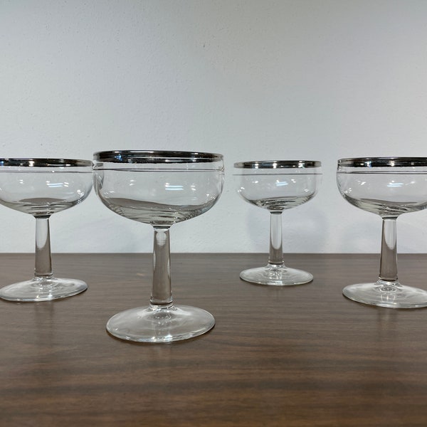 Four Silver Rim & Stripe 4 oz Champagne Coupes - Midcentury Clear Glass Crystal Platinum Rim Stripe Round Stemware Glasses Set of 4