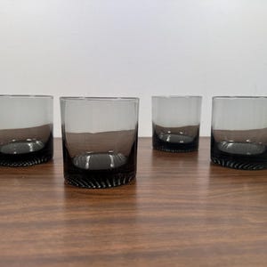 Four Smoke 9 oz Lowball Glasses - Midcentury Modern MCM Gray Glass Dimpled Waffled Textured Bottom Old Fashioned Rocks Cocktail Set of 4