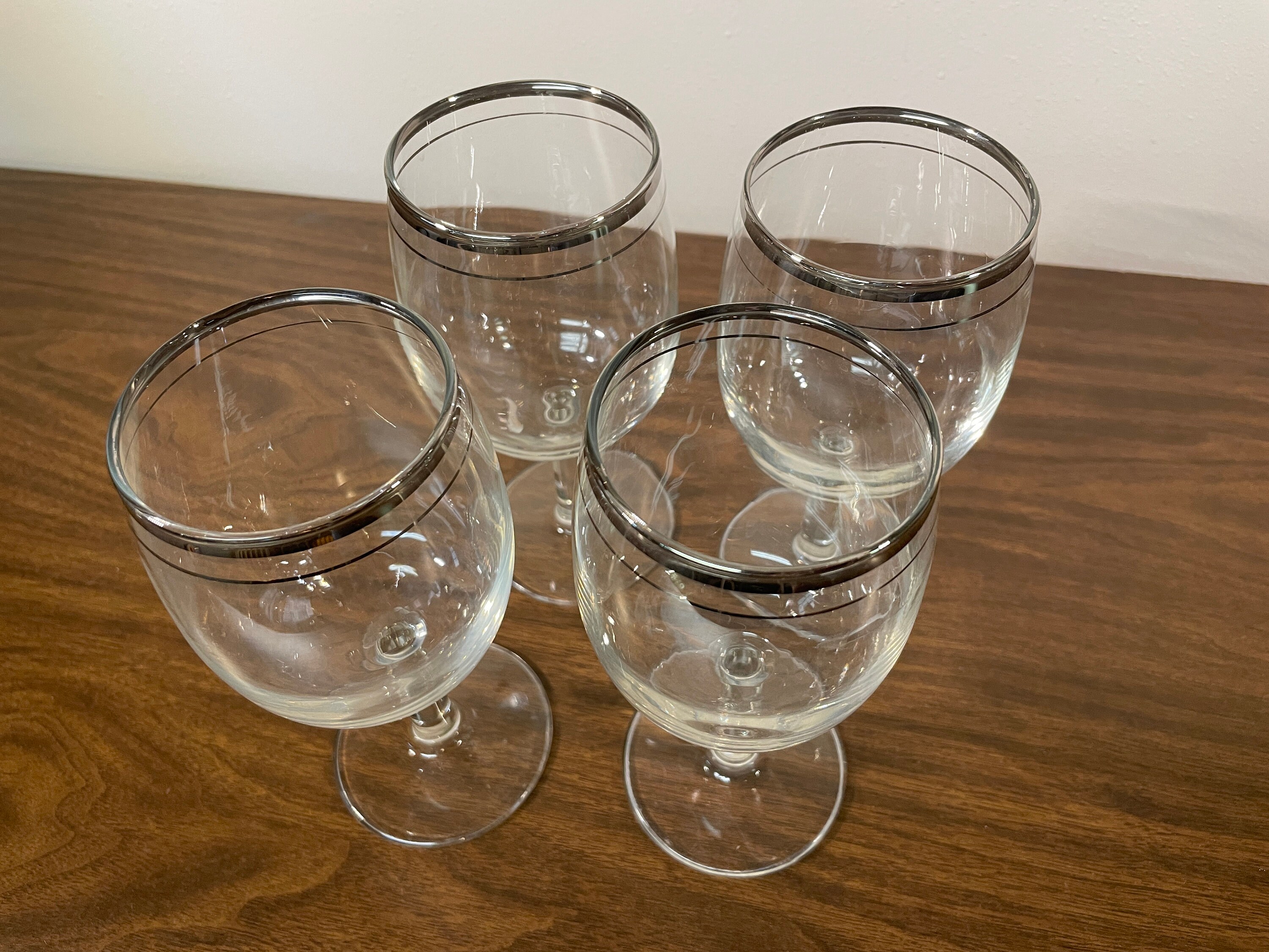 Four Silver Rim & Pinstripe 10 Oz Wine Glasses - Midcentury