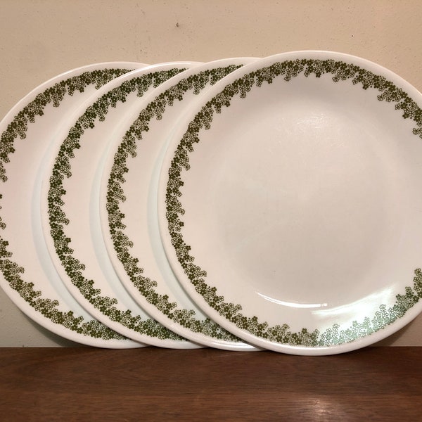 Four+ Corelle Spring Blossom Green 10" Dinner Plates - Avocado Green Crazy Daisy Mod Flowers on White Glass Dish Set 4, Eight 8 or Twelve 12