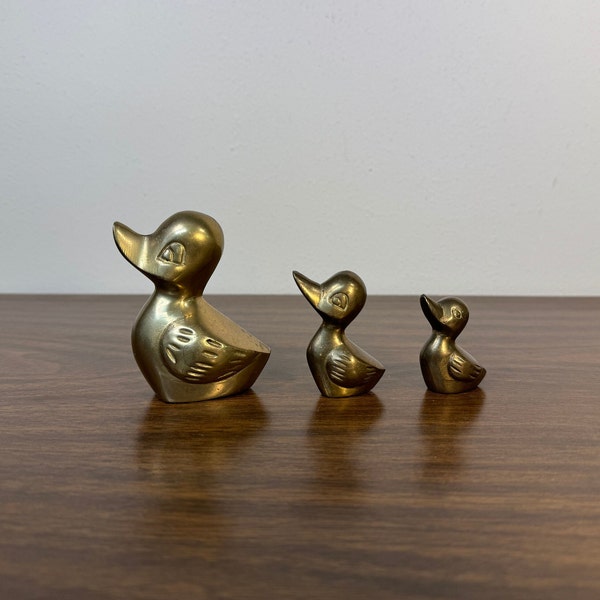 Three 2.75" - 1.5" Brass Duck Figurines - Midcentury Gold Metal Kitsch Bird Ducky Animal Small Tiny Miniature Family Graduated Set of 3