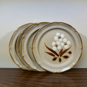 May include: Set of four beige ceramic dinner plates with a brown rim and a white floral design. The flowers are stylized and have a brown stem and leaves.