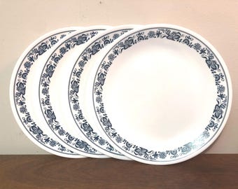 Four Corelle Old Town Blue 10" Dinner Plates - Navy Blue Onion Floral Paisley Filigree on White Glass Dishes Set of 4