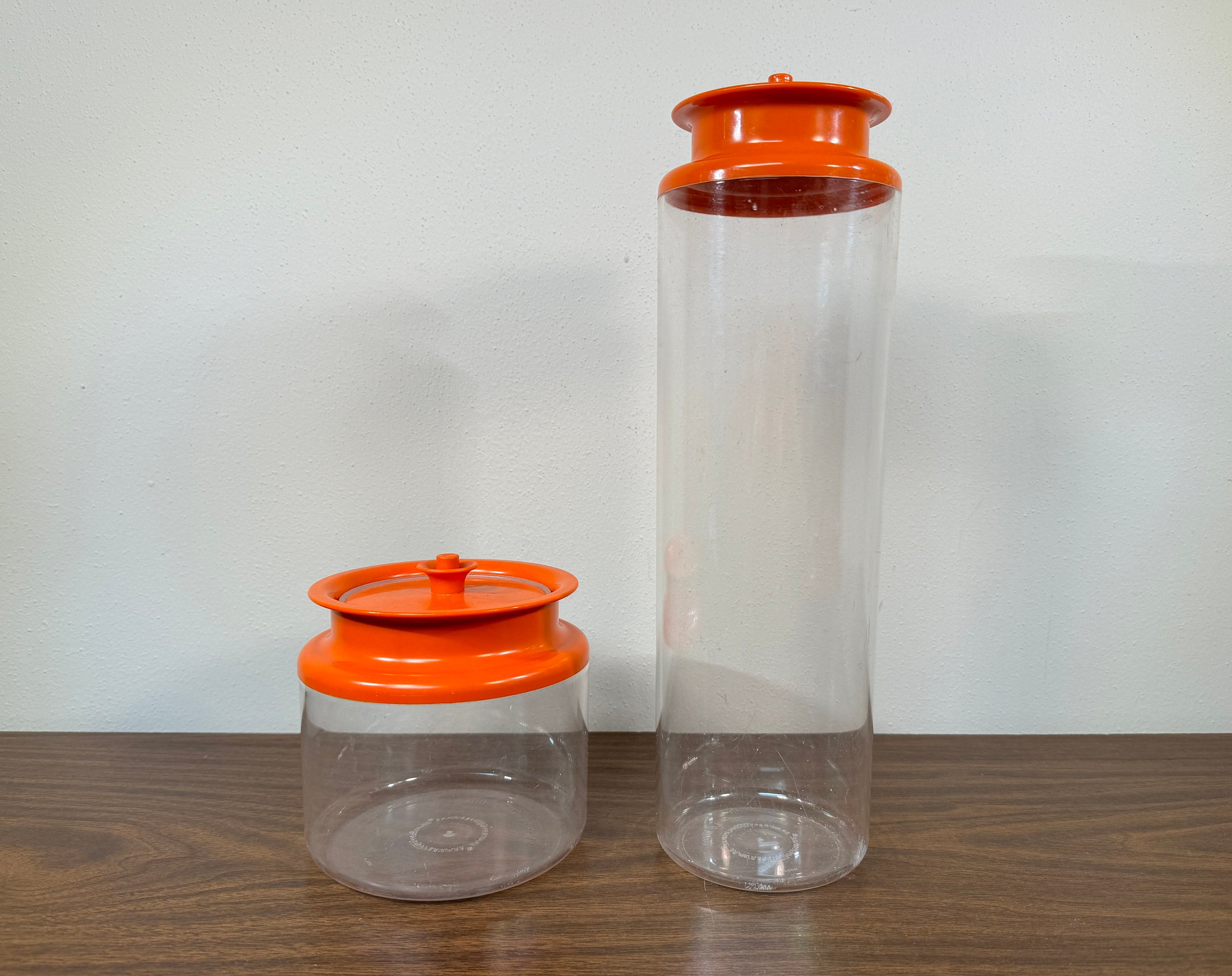 Two Tupperware Canisters #1479 & #1486 Clear With Orange Lids