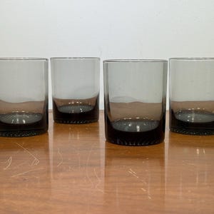 Four Smoke 12 oz Double Old Fashioned Glasses - Midcentury Modern MCM Gray Glass Dimpled Waffled Textured Bottom Rocks Cocktail Set of 4